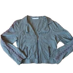 Front Olive Green Linen Jacket Lace Sleeves Large